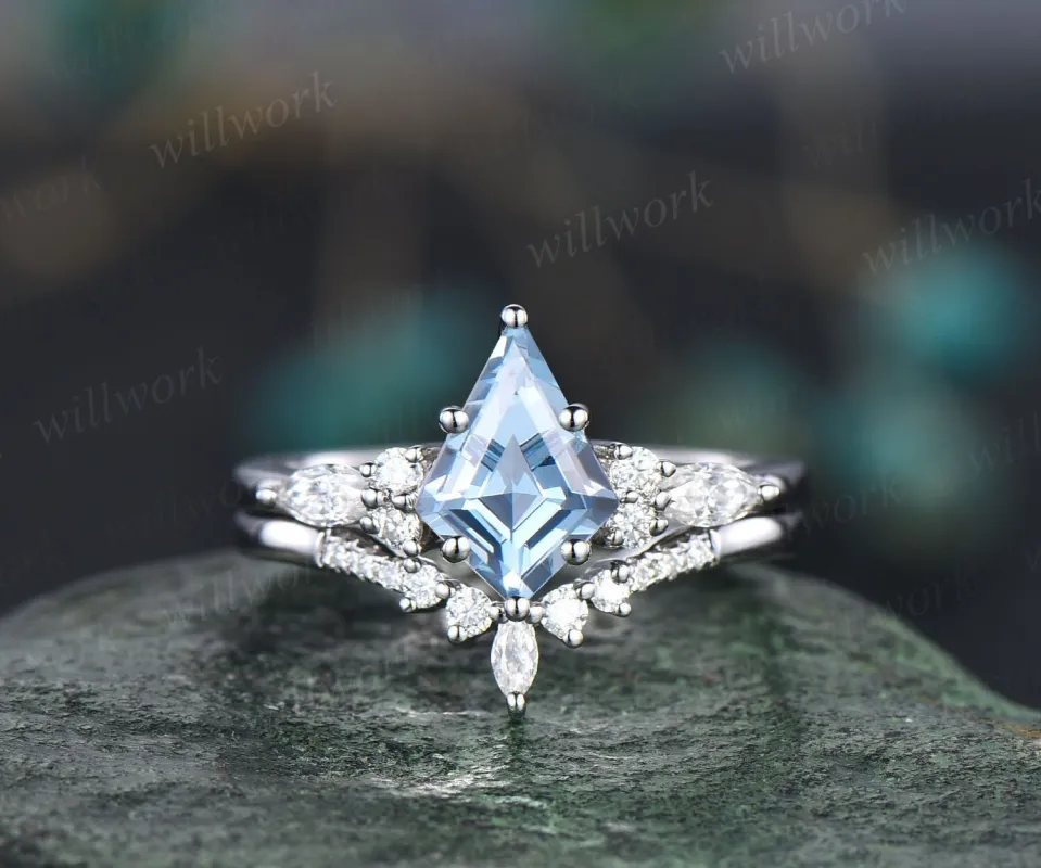 Kite cut natural aquamarine engagement ring set 14k white gold marquise cut diamond ring women unique bridal wedding ring set jewelry sold by Willwork Jewelry