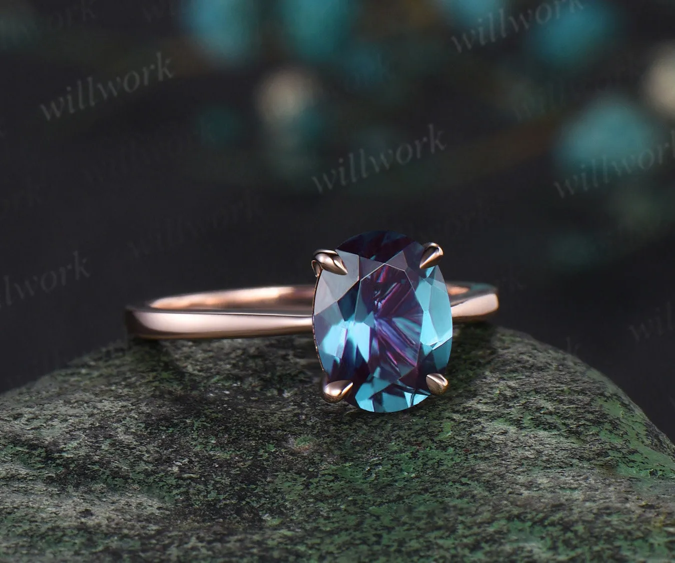 2ct oval cut Alexandrite engagement ring solid 14k rose gold under halo diamond ring vintage unique bridal promise wedding ring women sold by Willwork Jewelry product image thumbnail 4