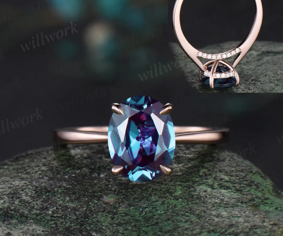 2ct oval cut Alexandrite engagement ring solid 14k rose gold under halo diamond ring vintage unique bridal promise wedding ring women sold by Willwork Jewelry