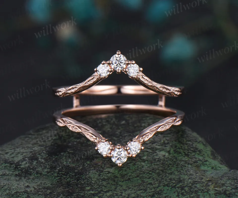 Vintage double curved diamond wedding band enhancer wraps solid 14k rose gold leaf wedding ring band women anniversary gift sold by Willwork Jewelry