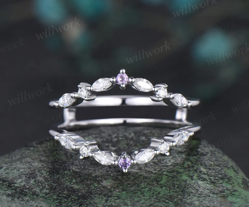 Double curved diamond wedding band enhancer wraps solid 14k white gold amethyst wedding ring band women anniversary gift made by Willwork Jewelry