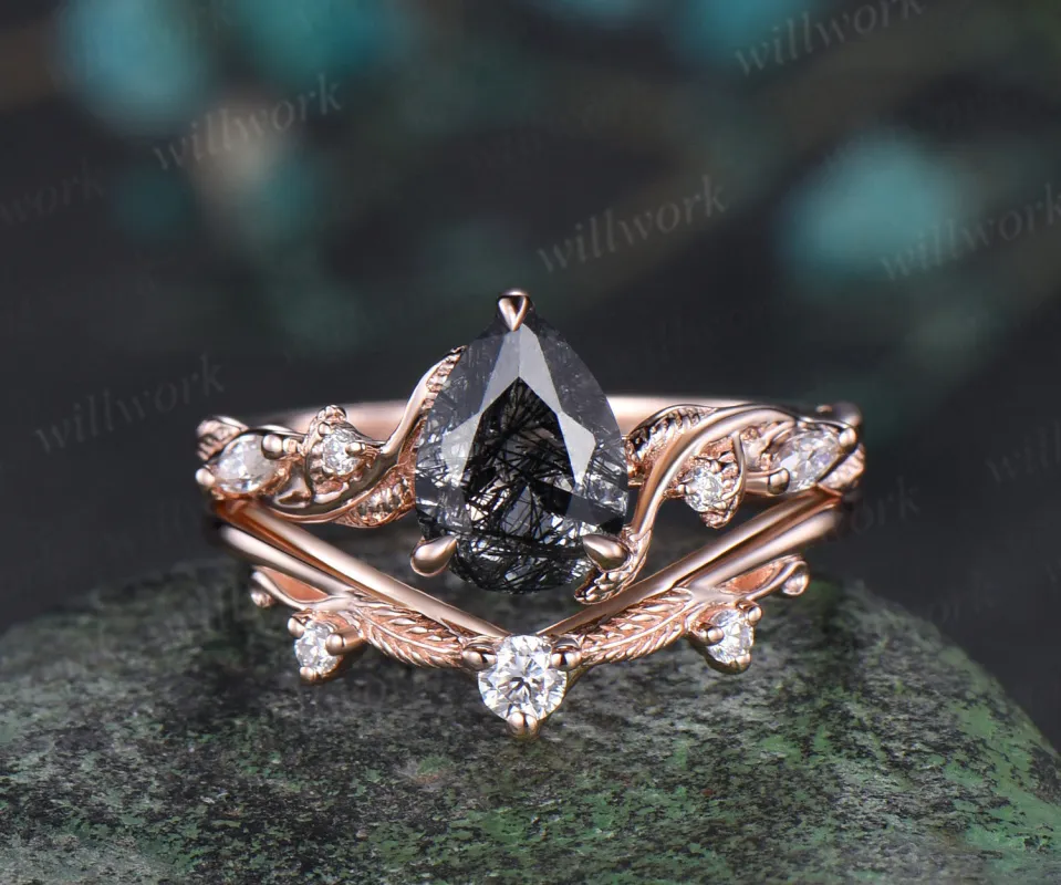 Pear black rutilated quartz engagement ring leaf twisted five stone diamond bridal anniversary ring set women sold by Willwork Jewelry