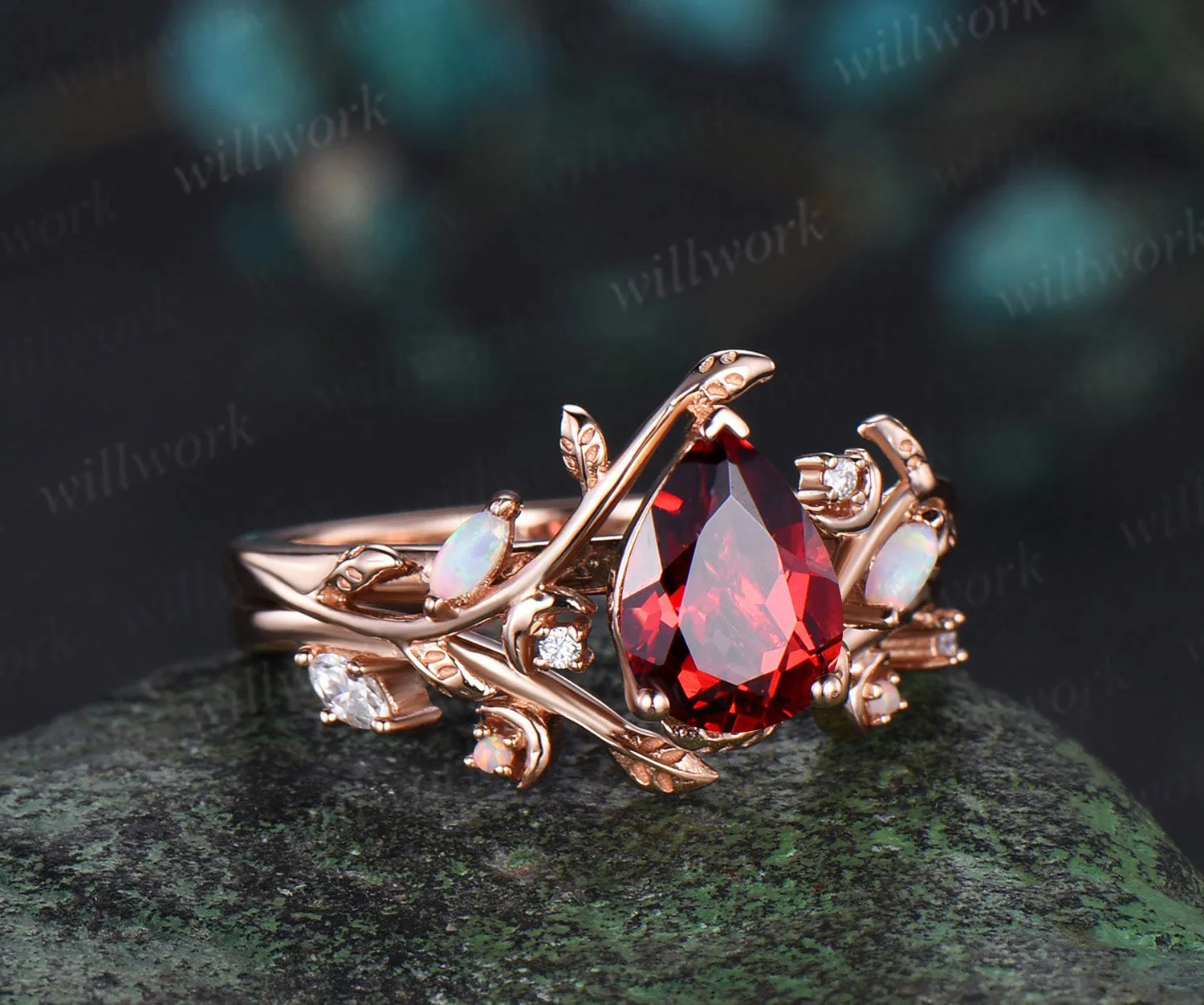 Vintage pear red garnet engagement ring set January birthstone rose gold leaf moon opal ring women sold by Willwork Jewelry product image thumbnail 3