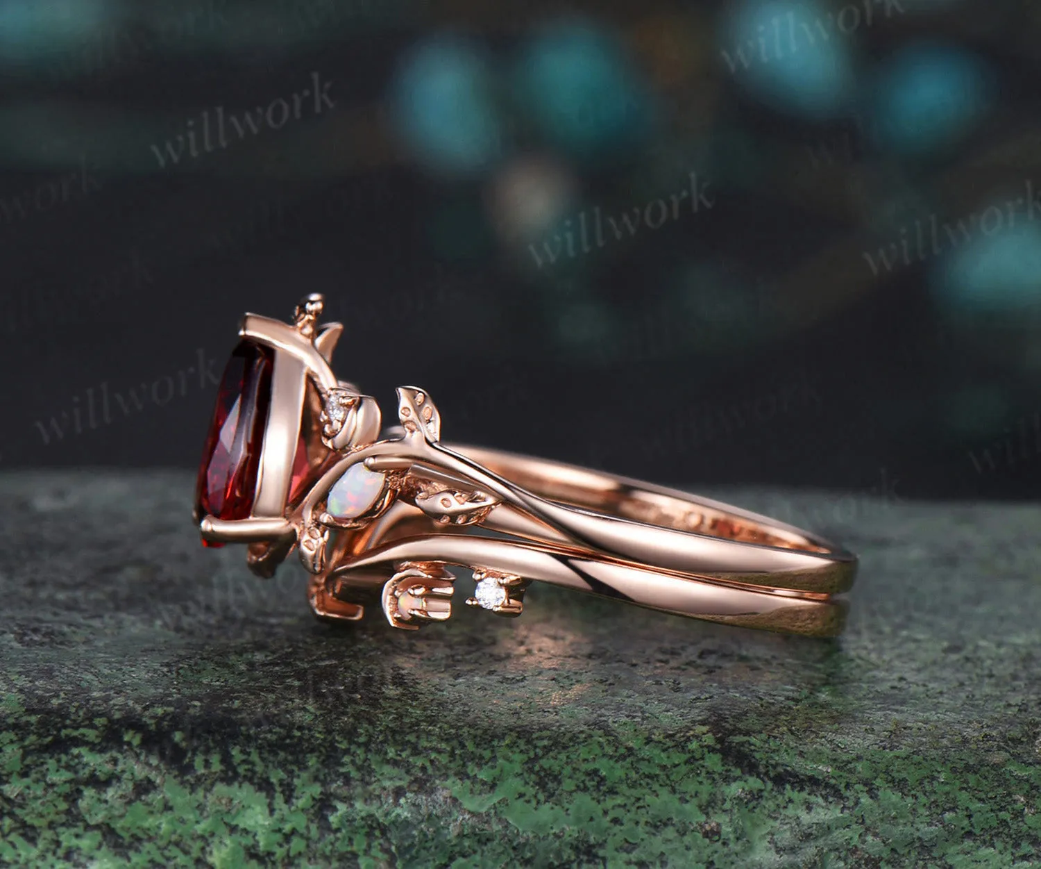 Vintage pear red garnet engagement ring set January birthstone rose gold leaf moon opal ring women sold by Willwork Jewelry product image thumbnail 4