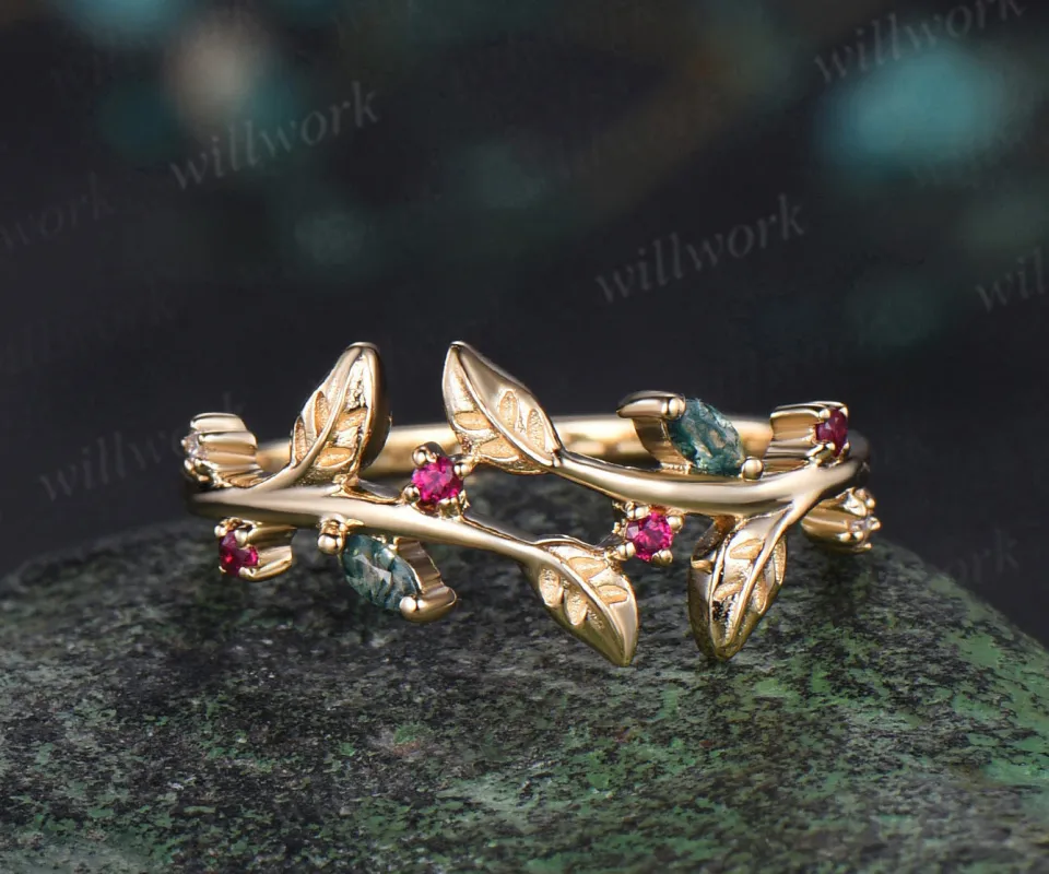 Moss agate wedding band solid 14k yellow gold branch nature inspired ruby ring cluster aniversary ring women Multi-Stone Ring sold by Willwork Jewelry