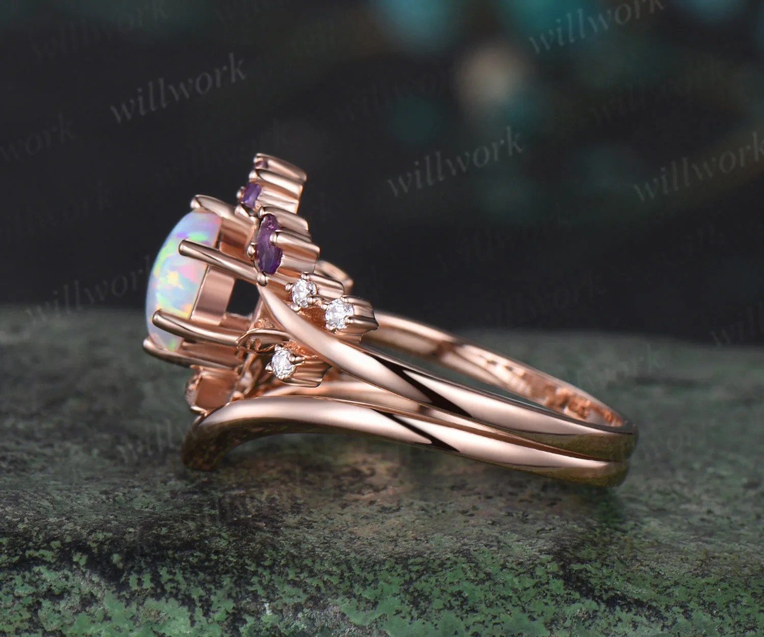 Hexagon white opal engagement ring rose gold twisted leaf amethyst moissanite bridal anniversary ring set women sold by Willwork Jewelry product image thumbnail 4