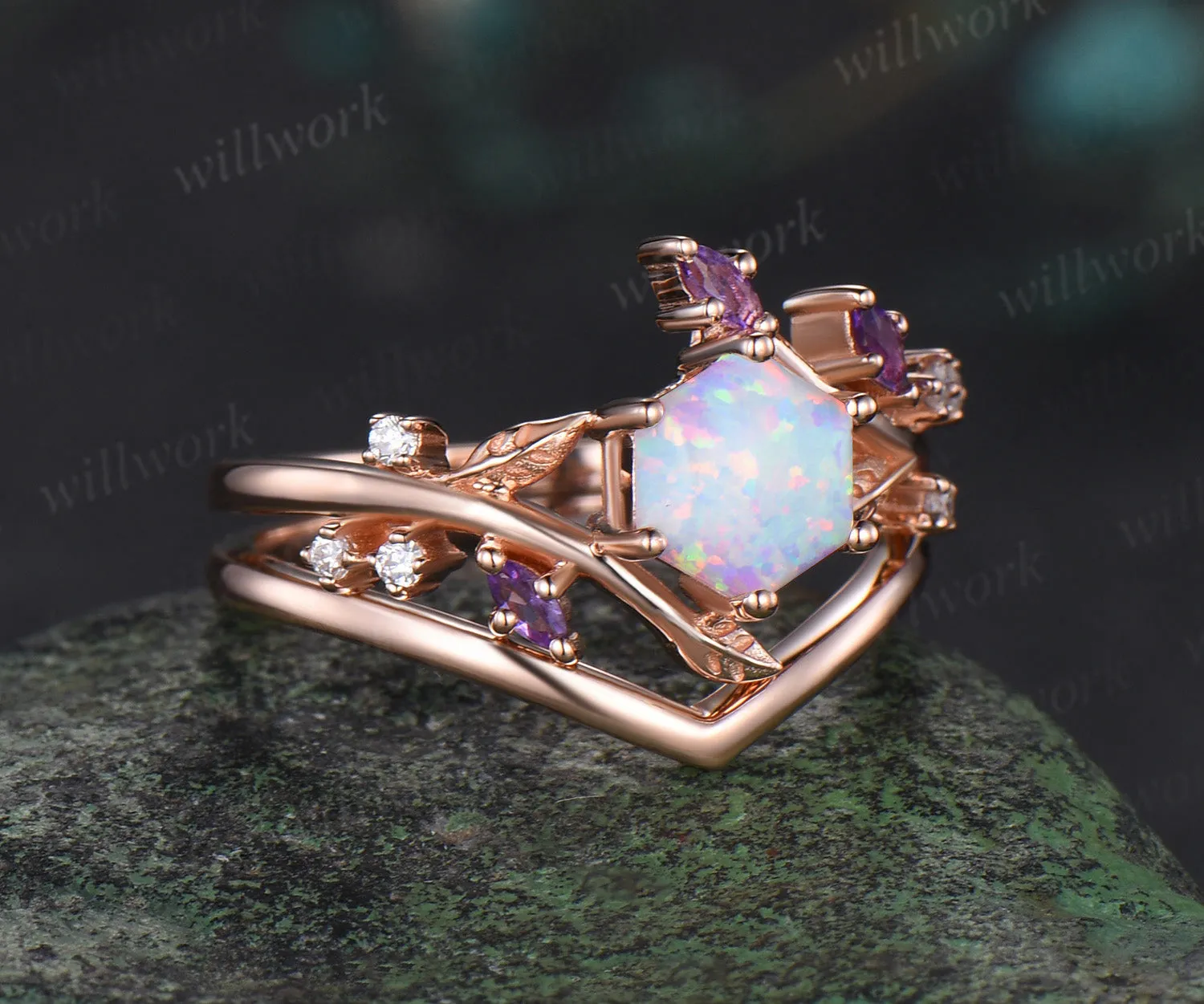 Hexagon white opal engagement ring rose gold twisted leaf amethyst moissanite bridal anniversary ring set women sold by Willwork Jewelry product image thumbnail 2