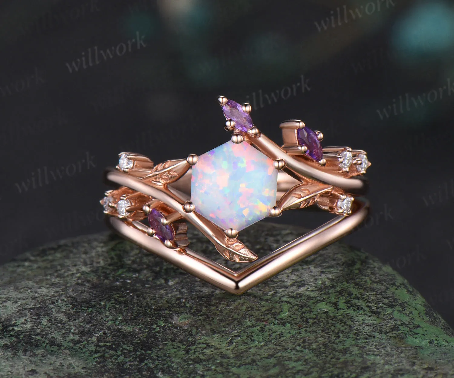 Hexagon white opal engagement ring rose gold twisted leaf amethyst moissanite bridal anniversary ring set women sold by Willwork Jewelry