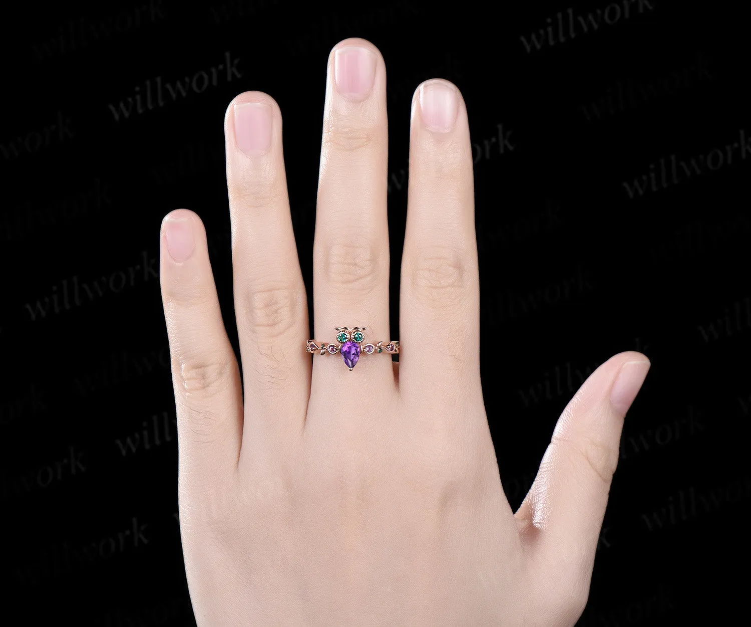 Vintage pear cut amethyst Engagement Ring rose gold Owl emerald ring women Crystal unique wedding anniversary ring gift sold by Willwork Jewelry product image thumbnail 2