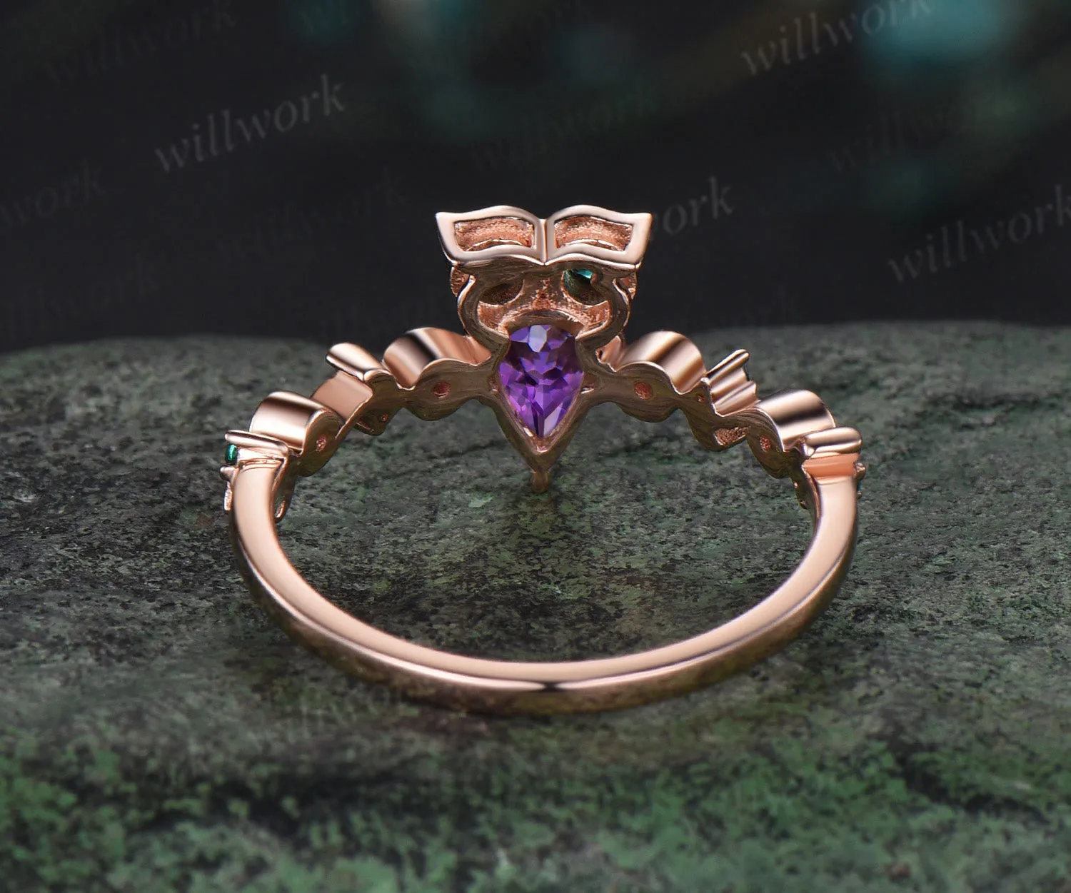 Vintage pear cut amethyst Engagement Ring rose gold Owl emerald ring women Crystal unique wedding anniversary ring gift sold by Willwork Jewelry product image thumbnail 4