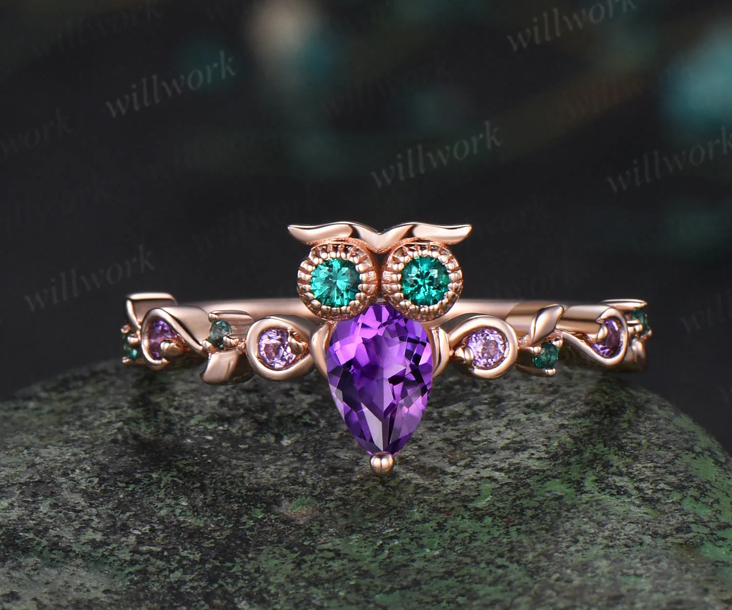 Vintage pear cut amethyst Engagement Ring rose gold Owl emerald ring women Crystal unique wedding anniversary ring gift sold by Willwork Jewelry