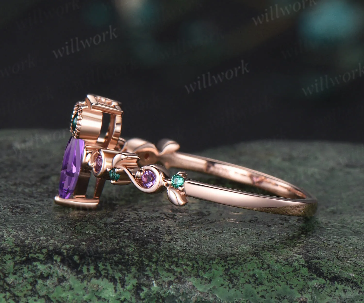 Vintage pear cut amethyst Engagement Ring rose gold Owl emerald ring women Crystal unique wedding anniversary ring gift sold by Willwork Jewelry product image thumbnail 5