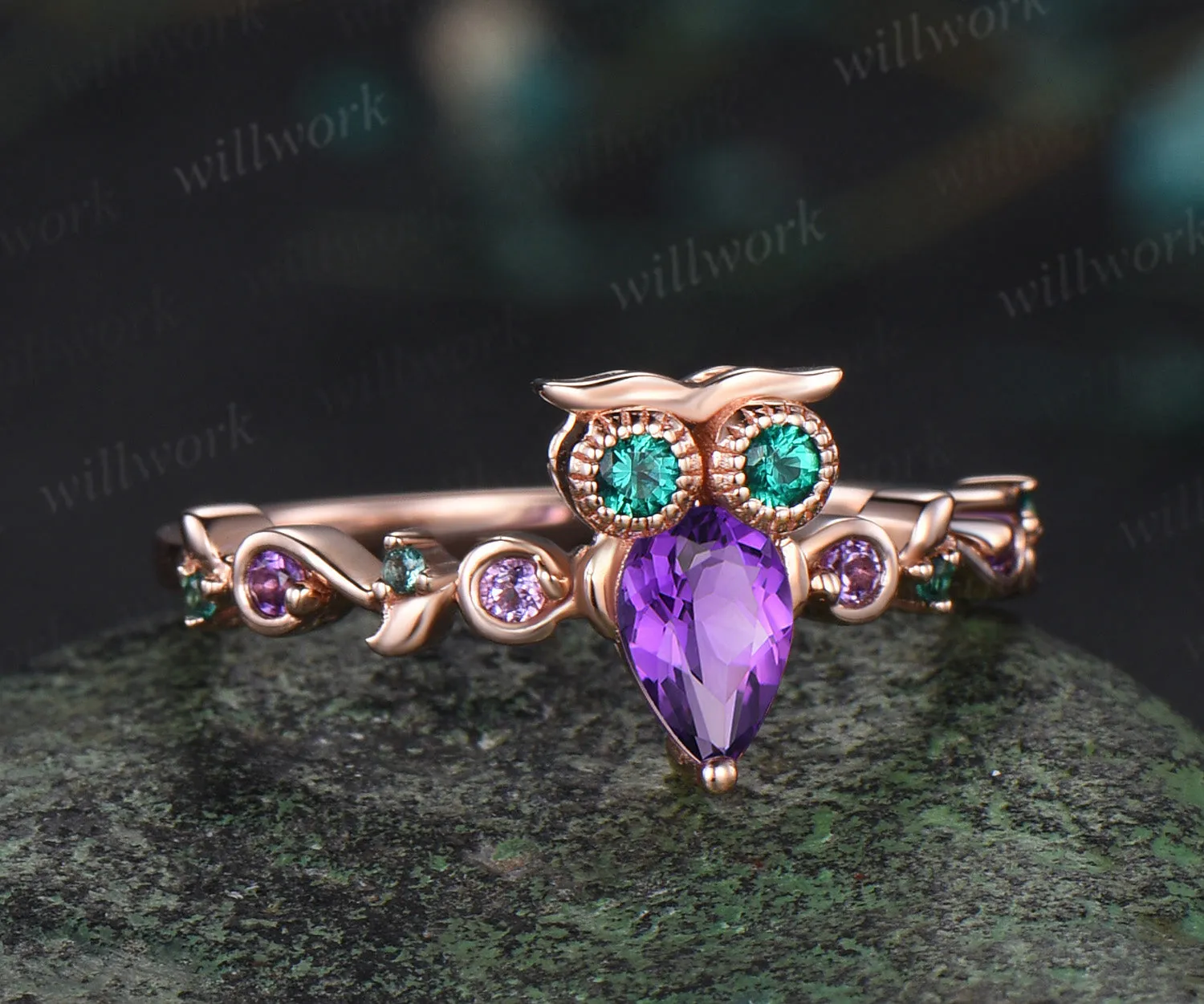 Vintage pear cut amethyst Engagement Ring rose gold Owl emerald ring women Crystal unique wedding anniversary ring gift sold by Willwork Jewelry product image thumbnail 3