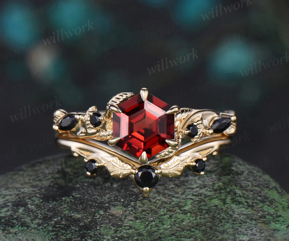 Vintage hexagon cut red garnet engagement ring set yellow gold leaf nature inspired five stone black spinel ring women sold by Willwork Jewelry