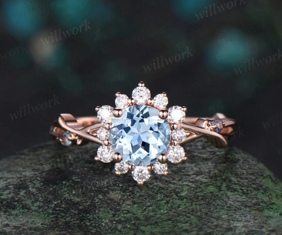 Round cut aquamarine engagement ring rose gold twisted branch vine halo diamond ring vintage March birthstone ring women sold by Willwork Jewelry