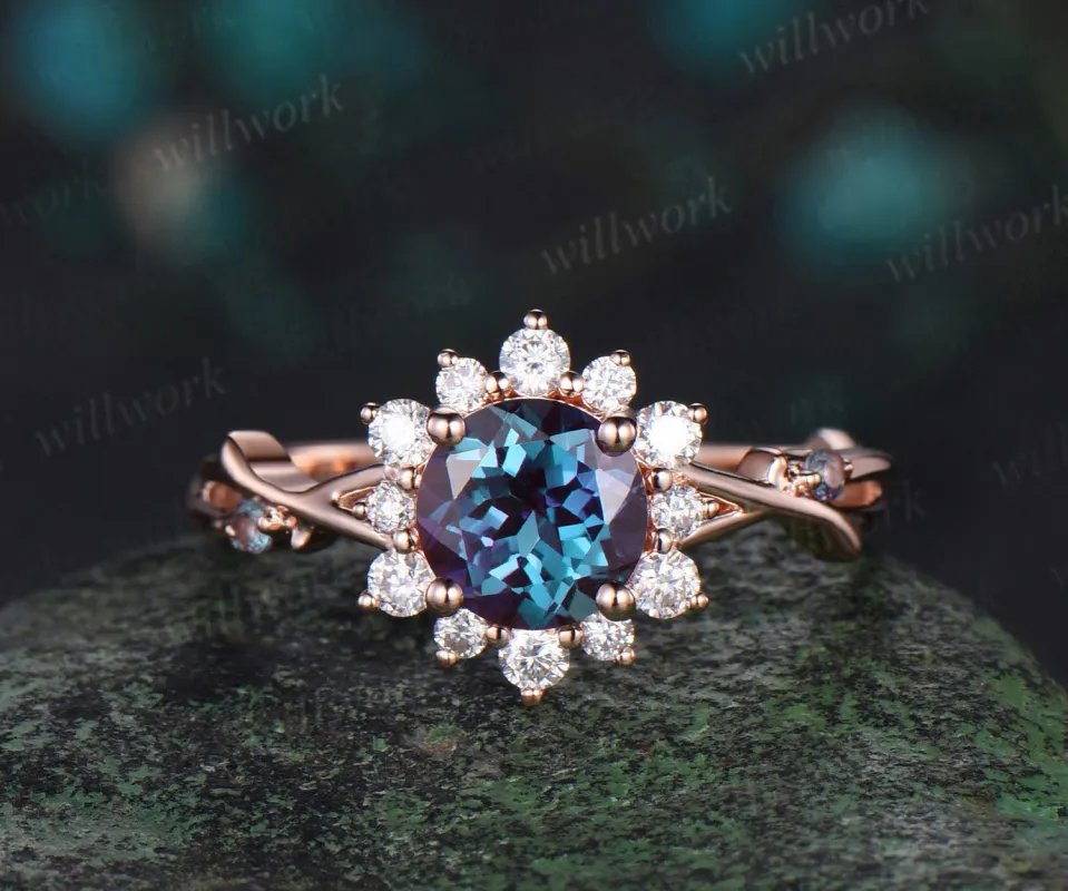 Round cut alexandrite engagement ring rose gold twisted branch vine halo diamond ring vintage promise bridal ring women sold by Willwork Jewelry