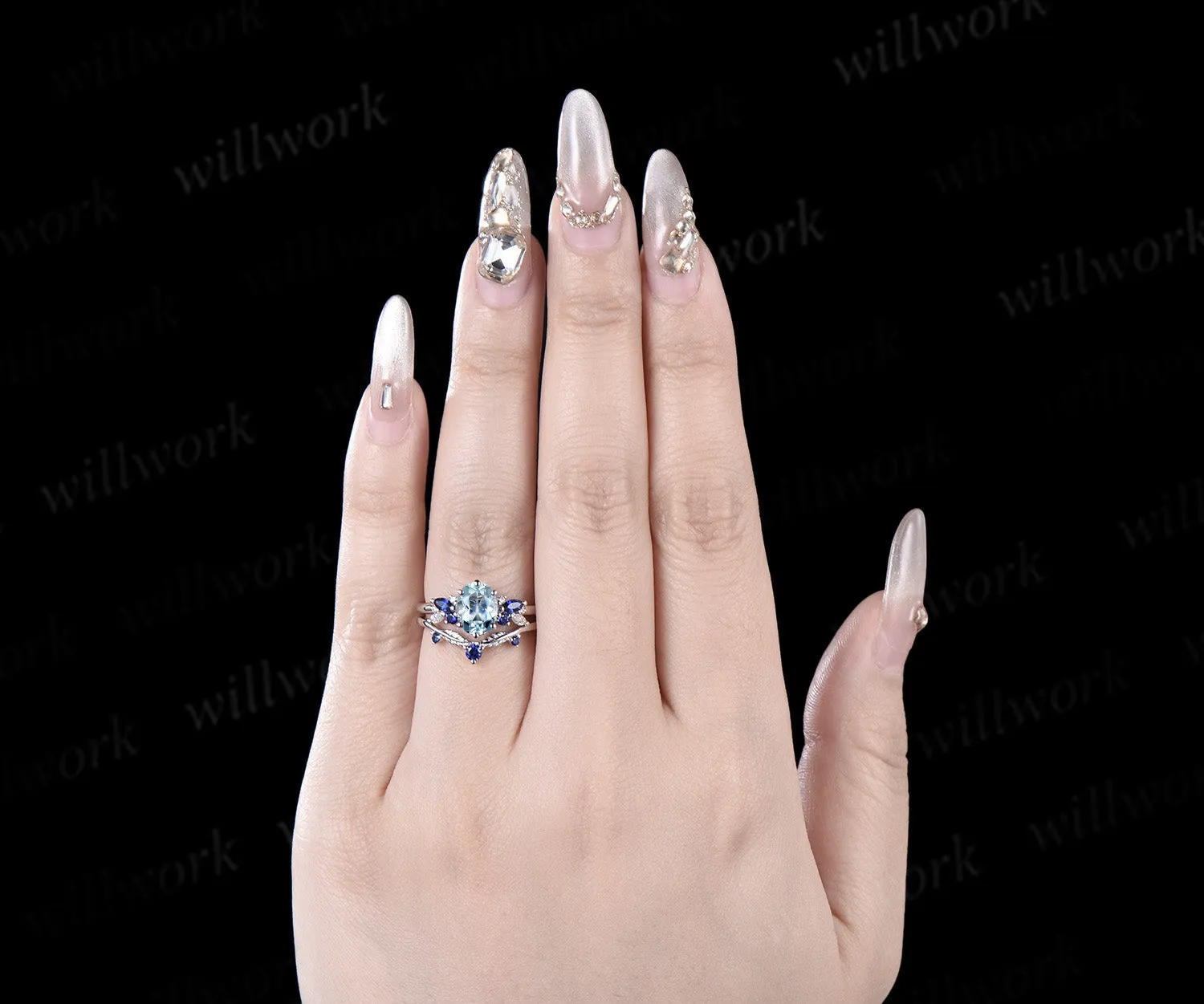 Oval cut aquamarine engagement ring 6 prong white gold cluster snowdrift sapphire bridal anniversary ring set women jewelry sold by Willwork Jewelry product image thumbnail 2