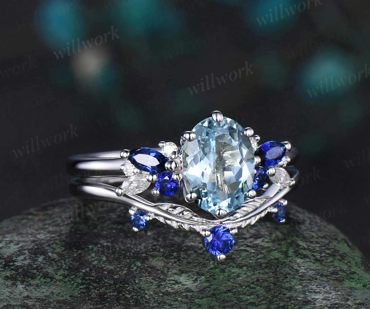 Oval cut aquamarine engagement ring 6 prong white gold cluster snowdrift sapphire bridal anniversary ring set women jewelry sold by Willwork Jewelry product image thumbnail 3