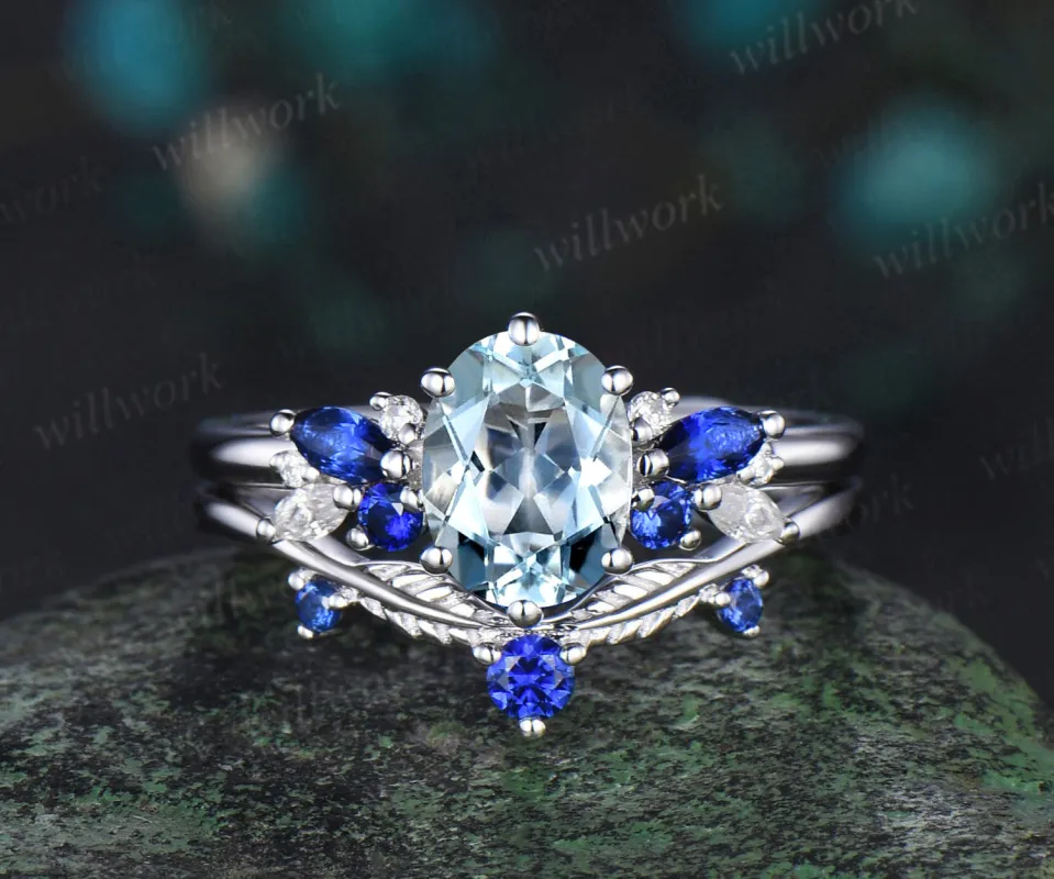 Oval cut aquamarine engagement ring 6 prong white gold cluster snowdrift sapphire bridal anniversary ring set women jewelry sold by Willwork Jewelry