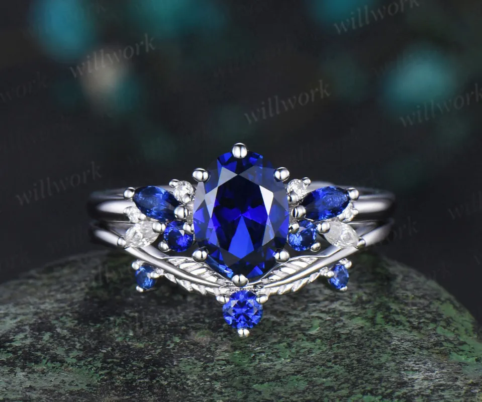 Oval cut blue sapphire engagement ring 6 prong white gold cluster snowdrift bridal anniversary ring set women jewelry sold by Willwork Jewelry