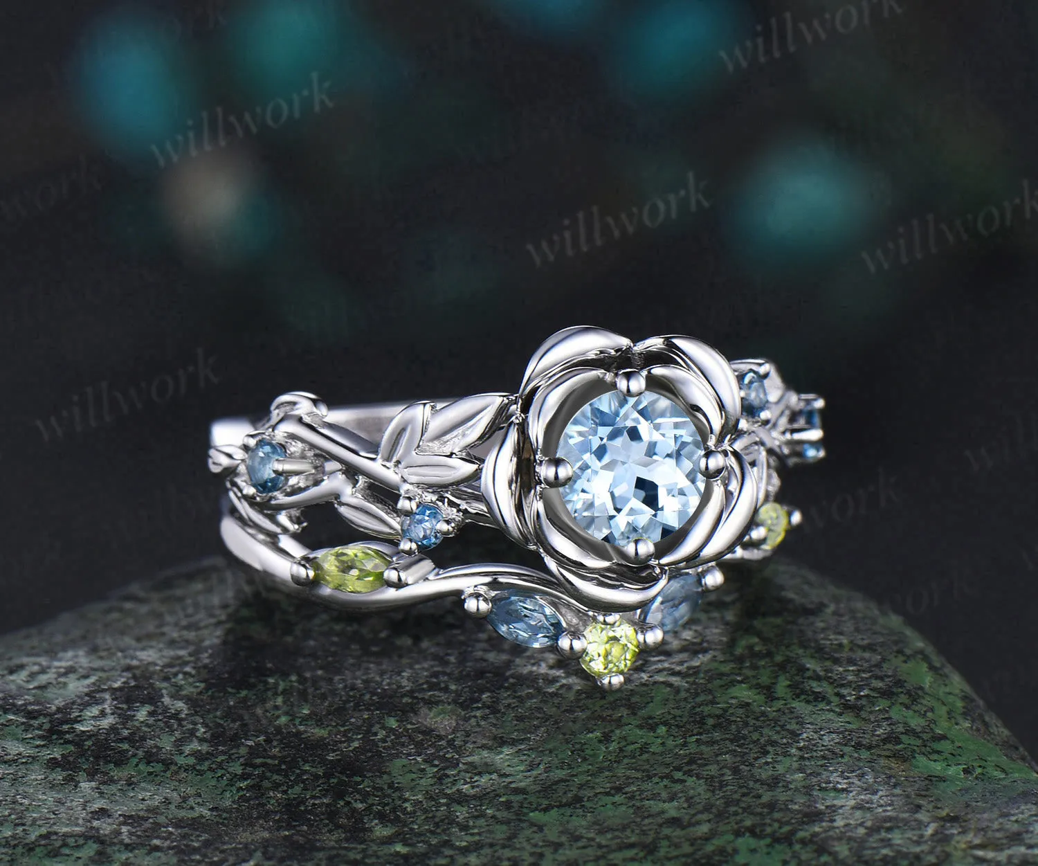 Vintage round cut aquamarine engagement ring white gold flower floral leaf twisted five stone anniversary ring set women gift sold by Willwork Jewelry product image thumbnail 3