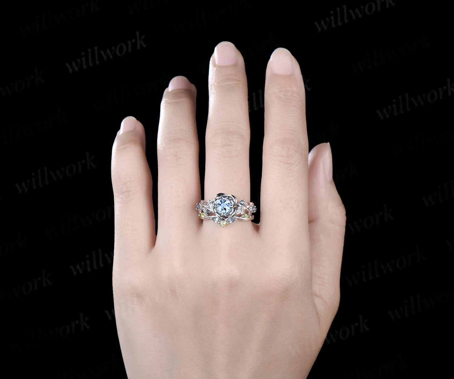 Vintage round cut aquamarine engagement ring white gold flower floral leaf twisted five stone anniversary ring set women gift sold by Willwork Jewelry product image thumbnail 2