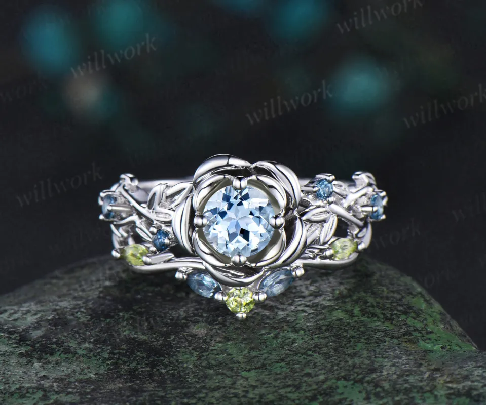 Vintage round cut aquamarine engagement ring white gold flower floral leaf twisted five stone anniversary ring set women gift sold by Willwork Jewelry