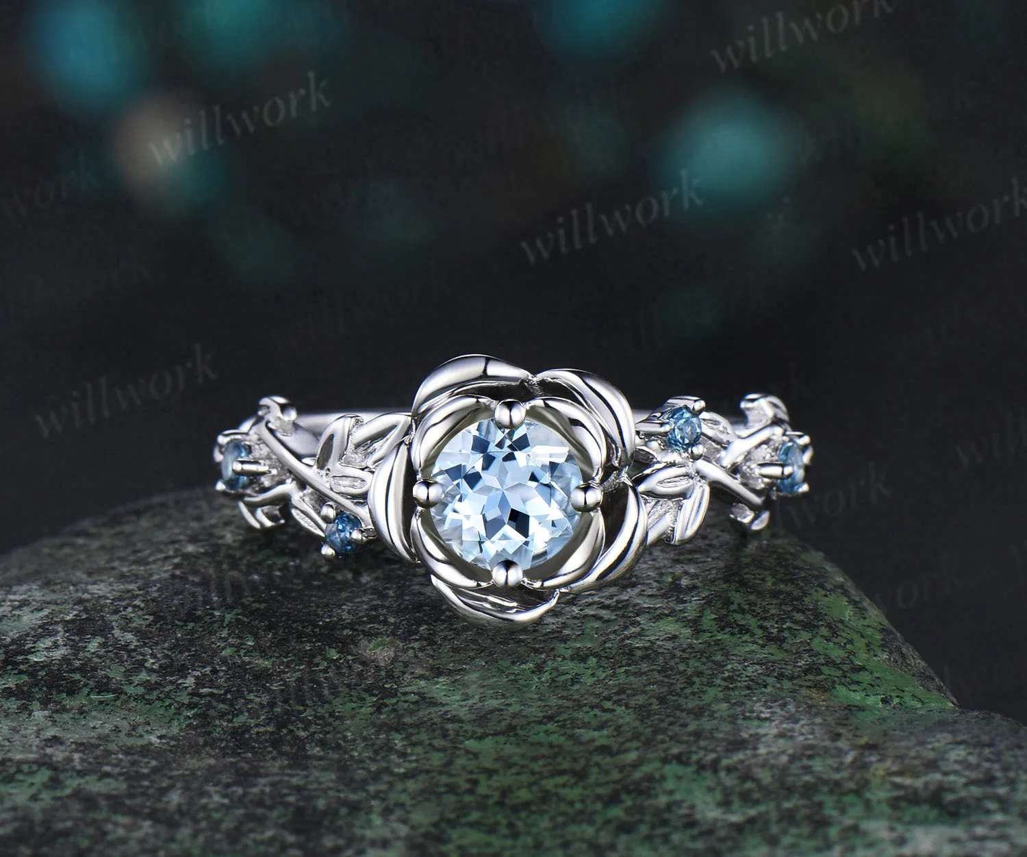 Vintage round cut aquamarine engagement ring white gold flower floral leaf twisted five stone anniversary ring set women gift sold by Willwork Jewelry product image thumbnail 4
