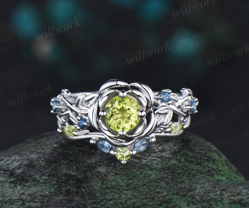 Vintage round cut peridot engagement ring white gold flower floral leaf twisted five stone anniversary ring set women gift sold by Willwork Jewelry