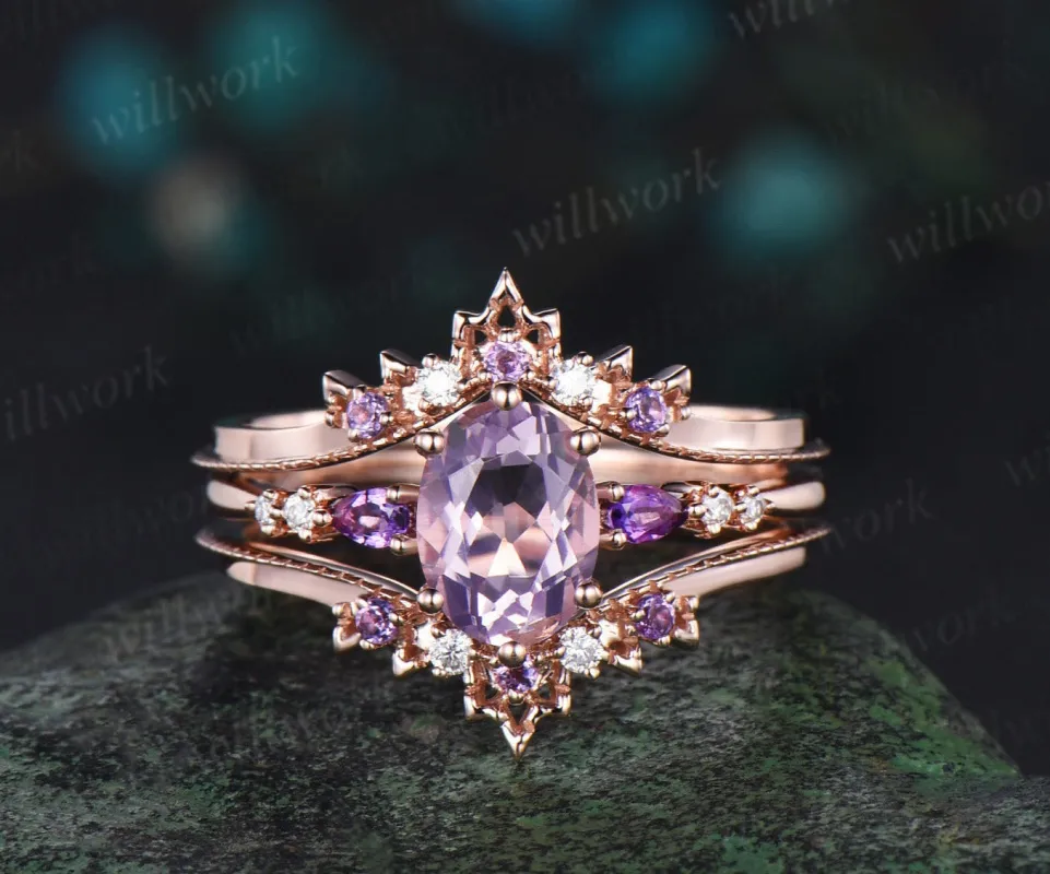 Oval cut Lavender Amethyst engagement ring 7 stone rose gold moissanite Crystal wedding band enhancer unique bridal set women sold by Willwork Jewelry
