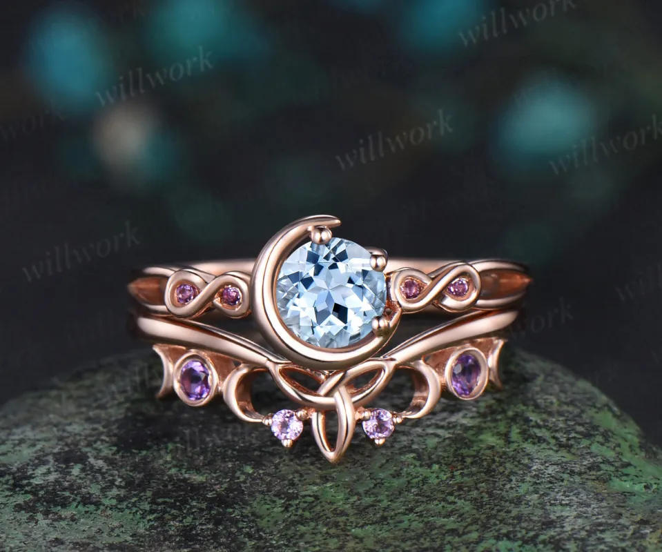Round cut aquamarine engagement ring rose gold moon infinity five stone amethyst wedding ring set women Norse Viking Jewelry made by Willwork Jewelry