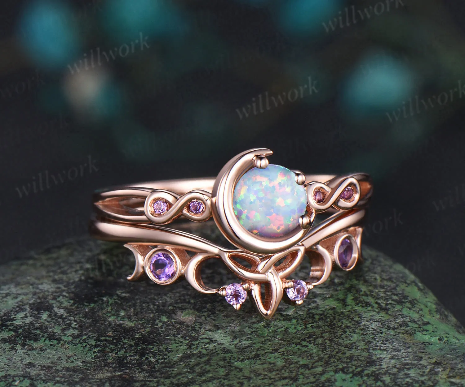 Round white opal engagement ring rose gold moon infinity five stone amethyst Celtic knot wedding ring set women sold by Willwork Jewelry product image thumbnail 3