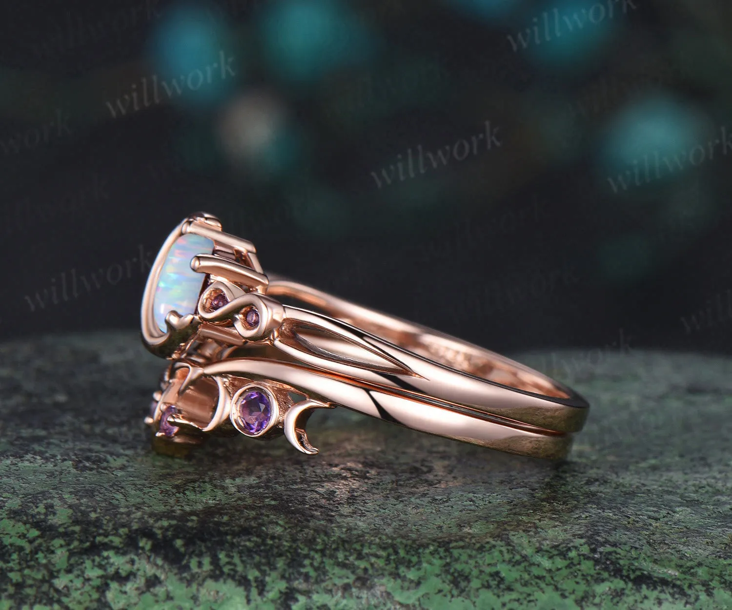 Round white opal engagement ring rose gold moon infinity five stone amethyst Celtic knot wedding ring set women sold by Willwork Jewelry product image thumbnail 5