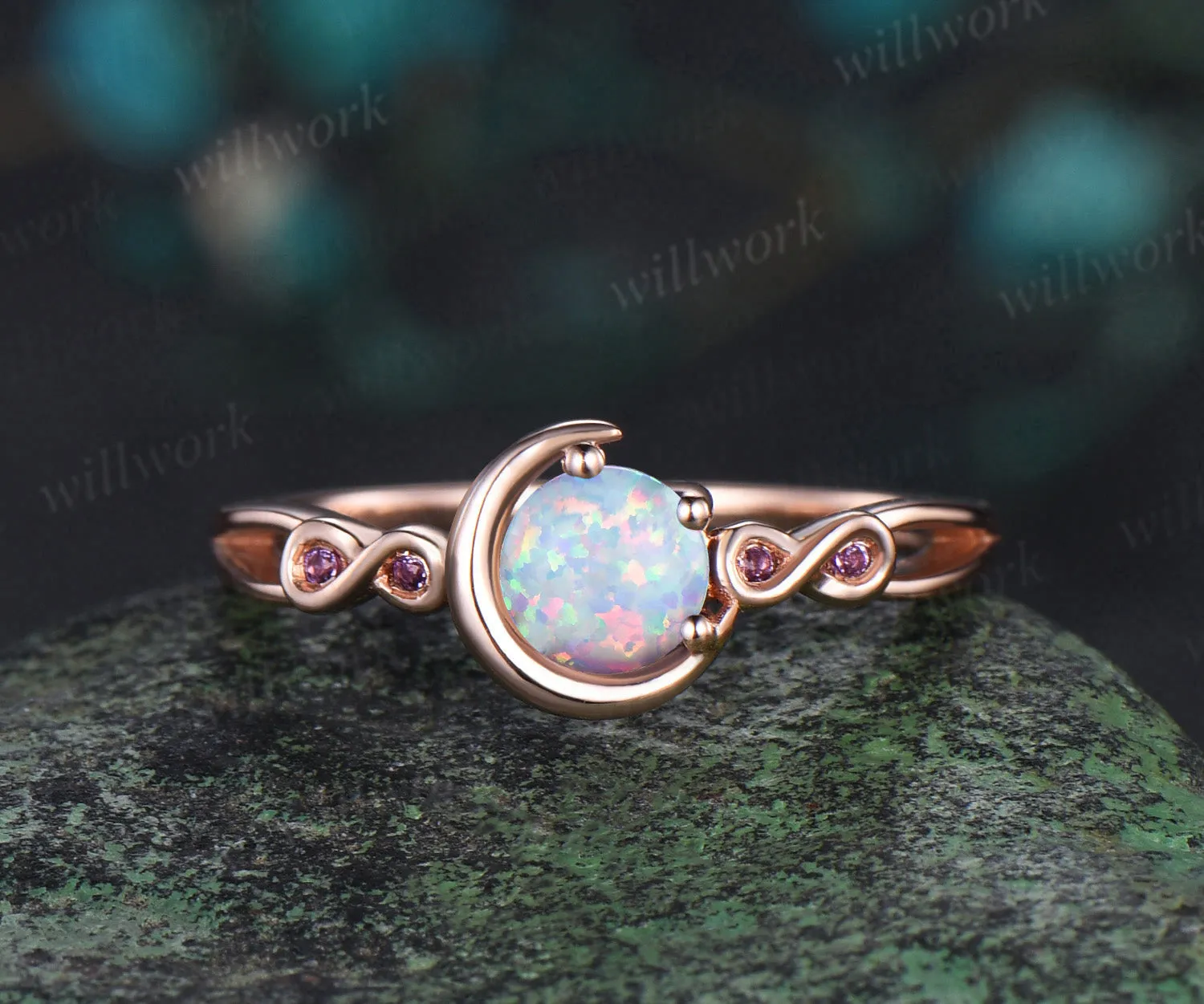 Round white opal engagement ring rose gold moon infinity five stone amethyst Celtic knot wedding ring set women sold by Willwork Jewelry product image thumbnail 4