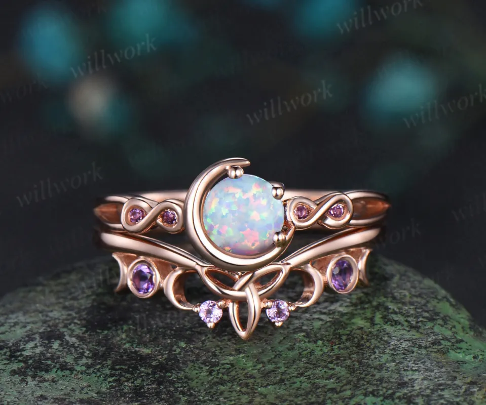 Round white opal engagement ring rose gold moon infinity five stone amethyst Celtic knot wedding ring set women sold by Willwork Jewelry