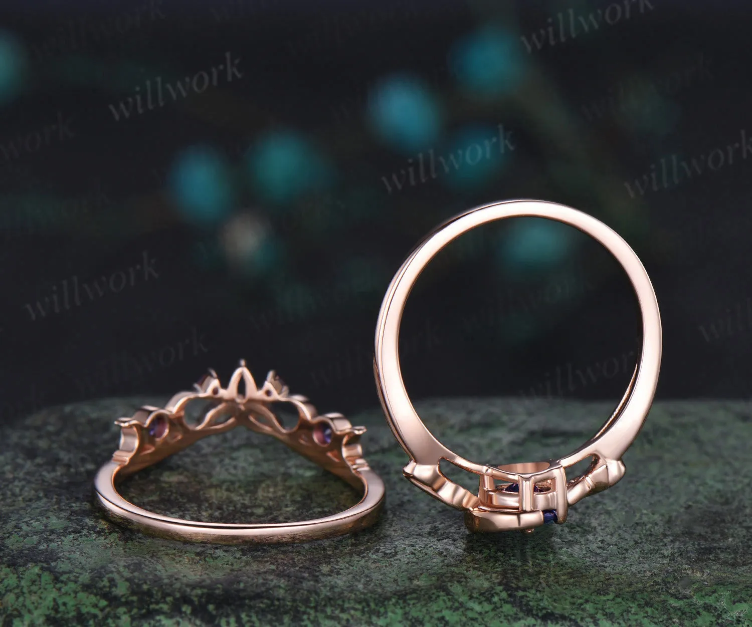 Round cut alexandrite engagement ring rose gold moon infinity five stone amethyst Celtic knot wedding ring set women sold by Willwork Jewelry product image thumbnail 4
