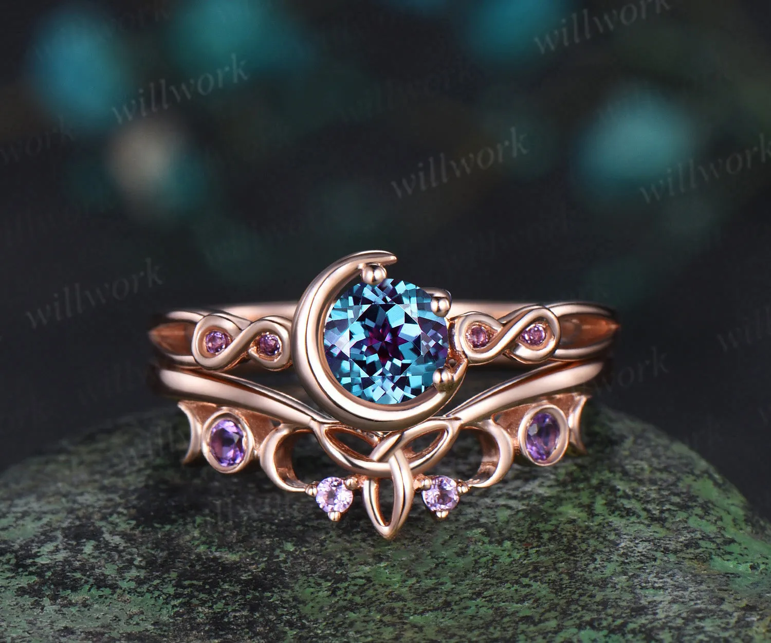 Round cut alexandrite engagement ring rose gold moon infinity five stone amethyst Celtic knot wedding ring set women sold by Willwork Jewelry