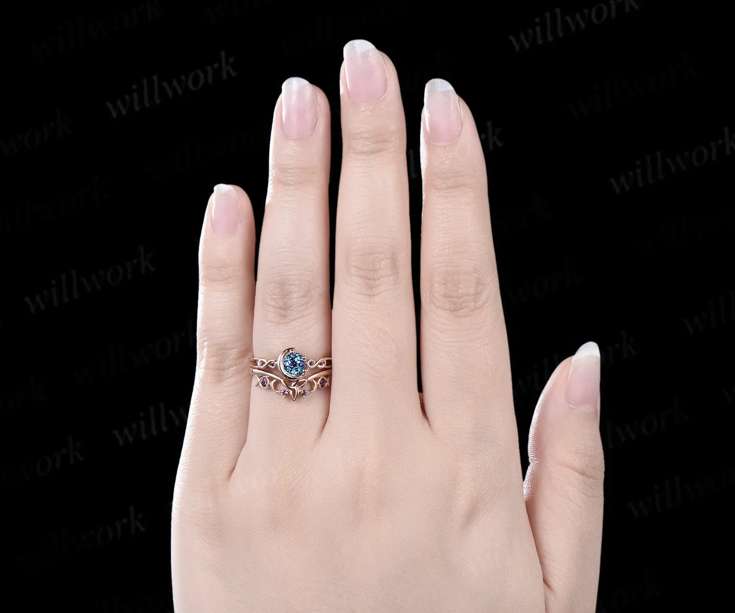 Round cut alexandrite engagement ring rose gold moon infinity five stone amethyst Celtic knot wedding ring set women sold by Willwork Jewelry product image thumbnail 2