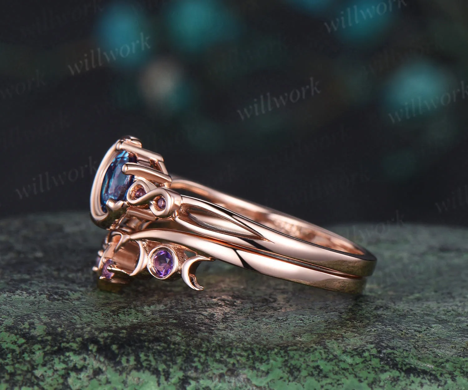 Round cut alexandrite engagement ring rose gold moon infinity five stone amethyst Celtic knot wedding ring set women sold by Willwork Jewelry product image thumbnail 5