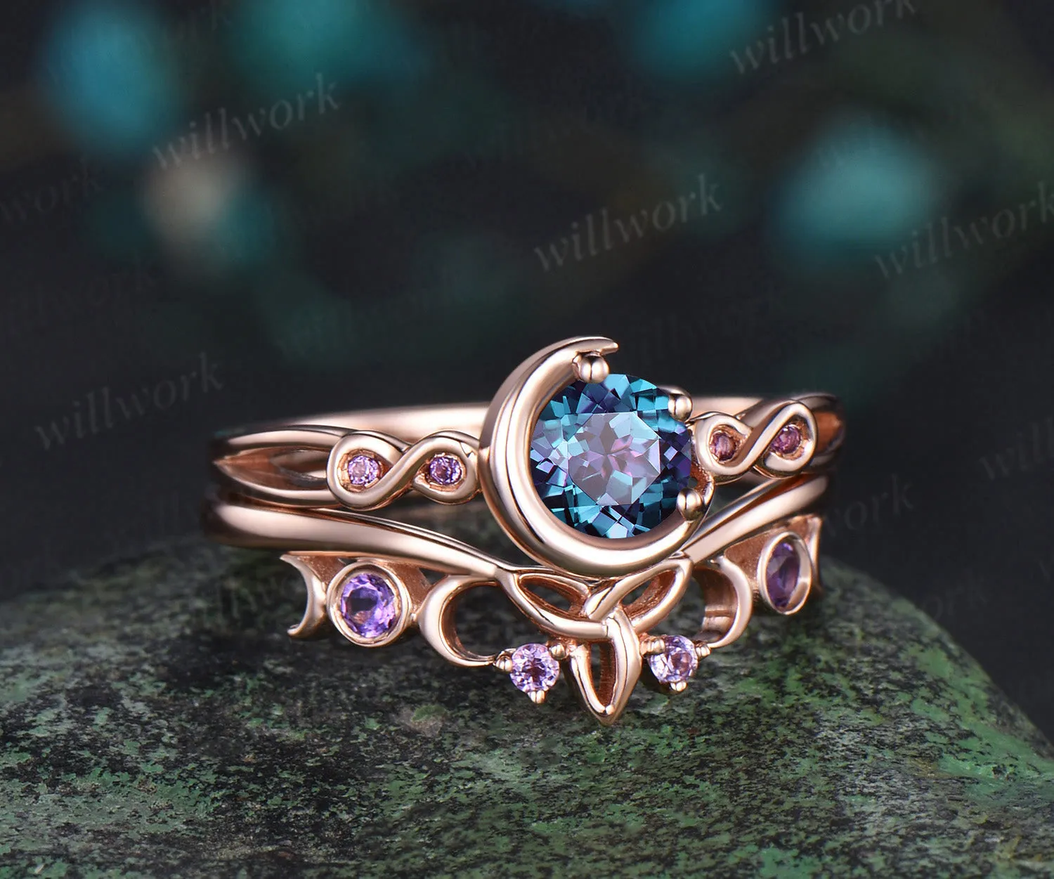 Round cut alexandrite engagement ring rose gold moon infinity five stone amethyst Celtic knot wedding ring set women sold by Willwork Jewelry product image thumbnail 3