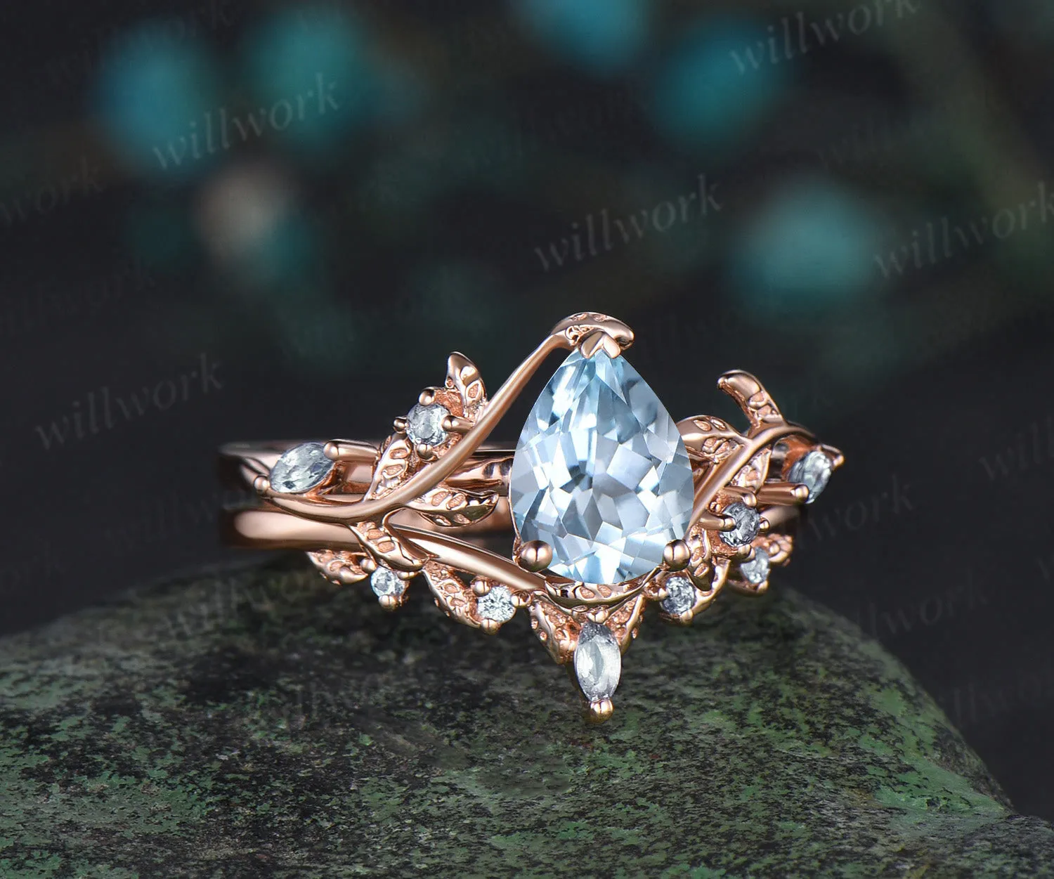 Pear shaped aquamarine engagement ring set rose gold leaf branch March birthstone wedding promise ring set women jewelry sold by Willwork Jewelry product image thumbnail 3