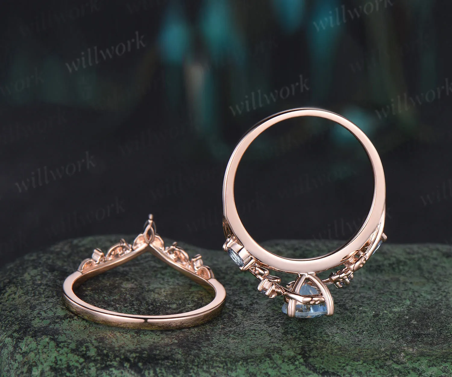 Pear shaped aquamarine engagement ring set rose gold leaf branch March birthstone wedding promise ring set women jewelry sold by Willwork Jewelry product image thumbnail 5