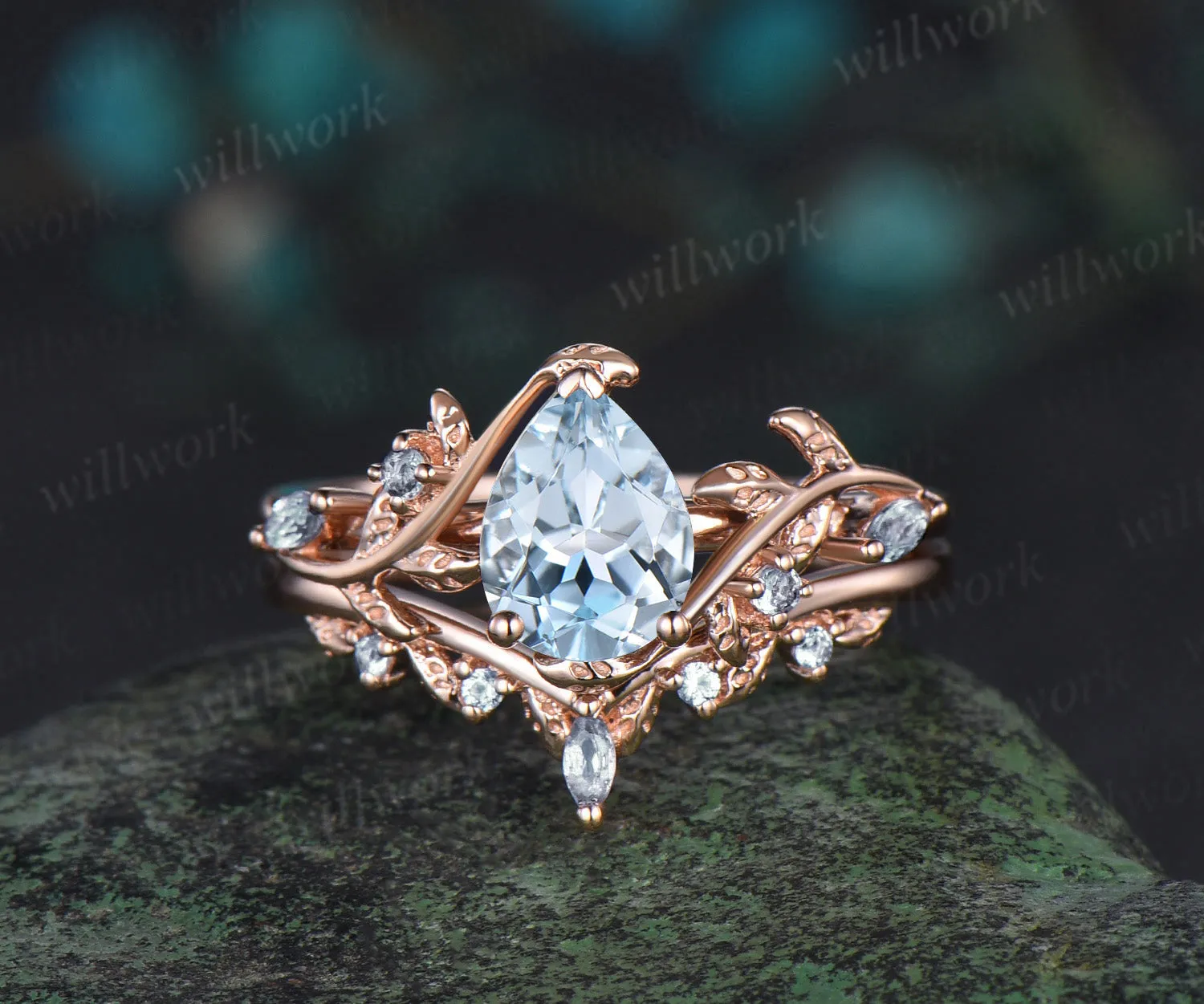 Pear shaped aquamarine engagement ring set rose gold leaf branch March birthstone wedding promise ring set women jewelry sold by Willwork Jewelry
