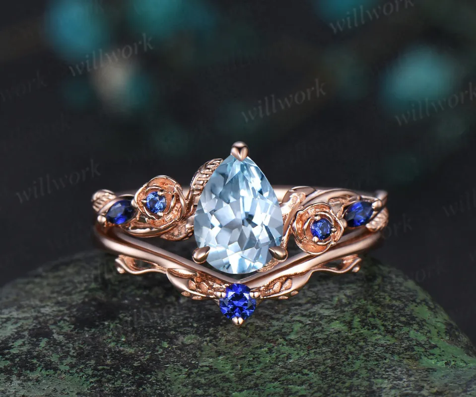 Pear shaped aquamarine engagement ring set rose gold March birthstone leaf floral flower sapphire bridal ring set women sold by Willwork Jewelry
