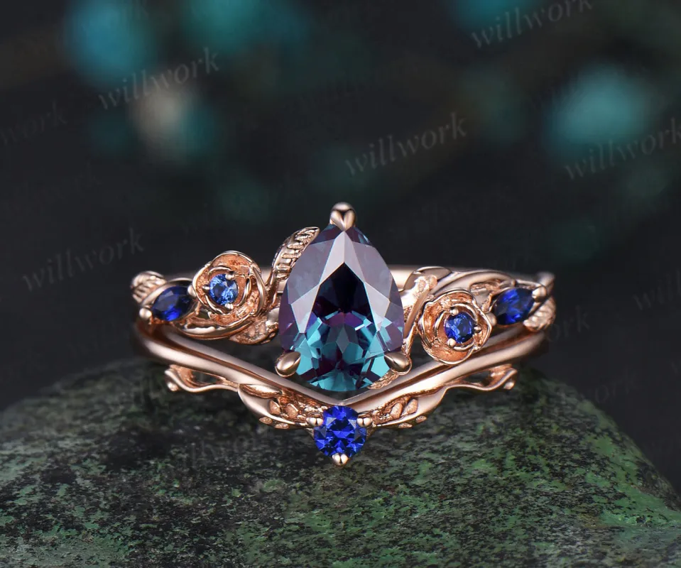 Pear shaped alexandrite engagement ring set rose gold leaf floral five stone sapphire wedding bridal ring set women sold by Willwork Jewelry