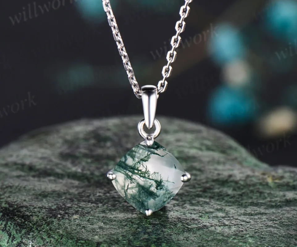 Cushion cut Natural Green Moss Agate Necklace solid 14k white gold square cut Solitaire Pendant Minimalist anniversary gift sold by Willwork Jewelry