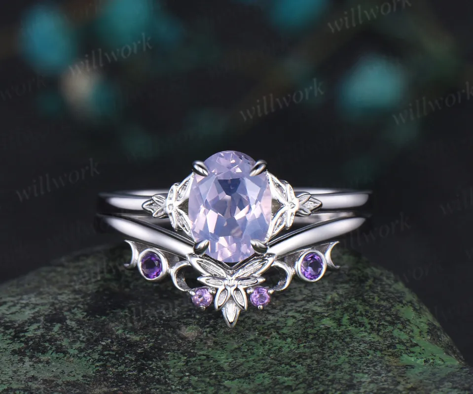 Oval cut Lavender Amethyst Engagement Ring bezel Crystal white gold moon Celtic knot bridal set Norse Viking Jewelry made by Willwork Jewelry