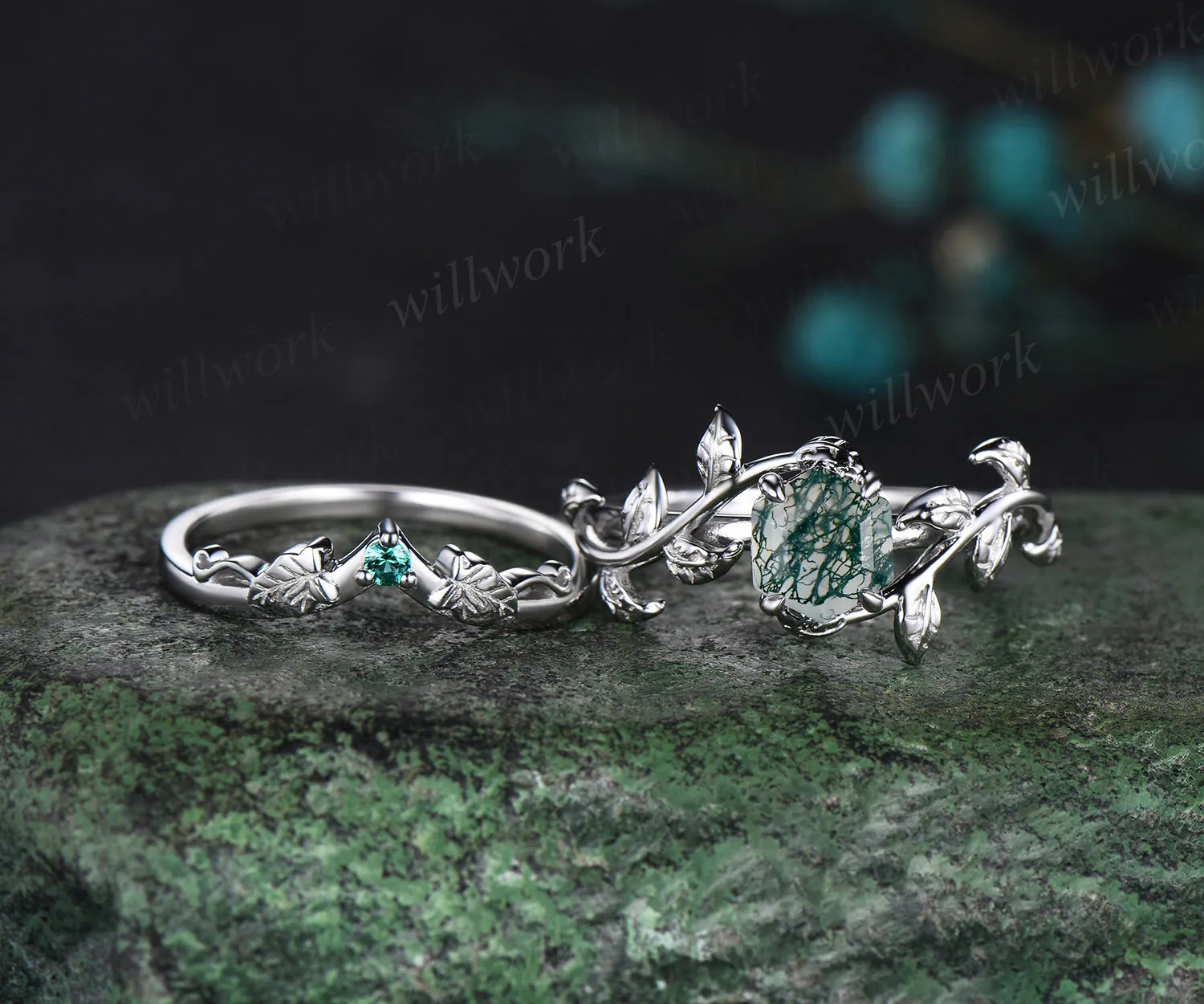 Hexagon cut green moss agate engagement ring set white gold vintage emerald leaf branch bridal set women sold by Willwork Jewelry product image thumbnail 3
