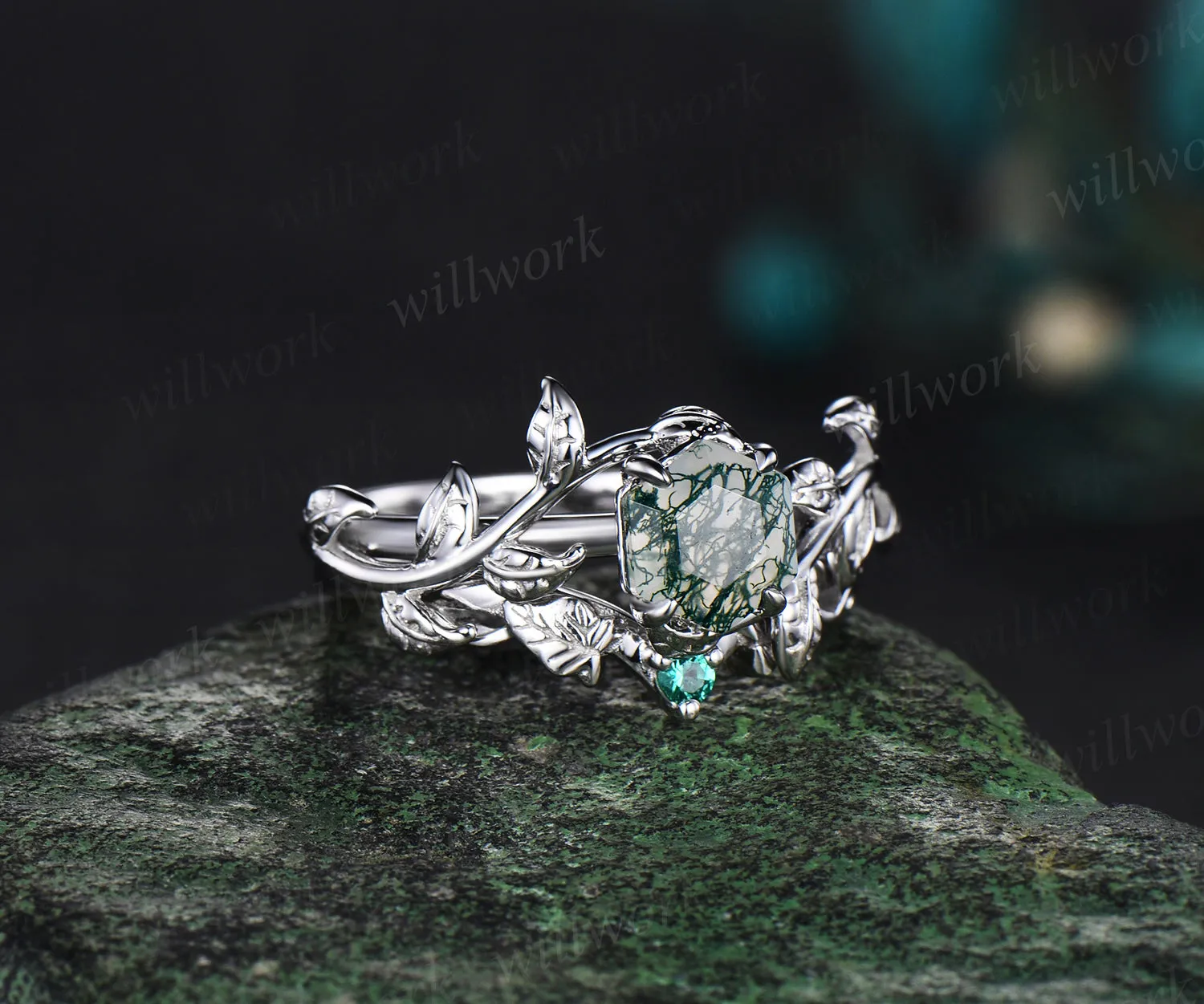 Hexagon cut green moss agate engagement ring set white gold vintage emerald leaf branch bridal set women sold by Willwork Jewelry product image thumbnail 5