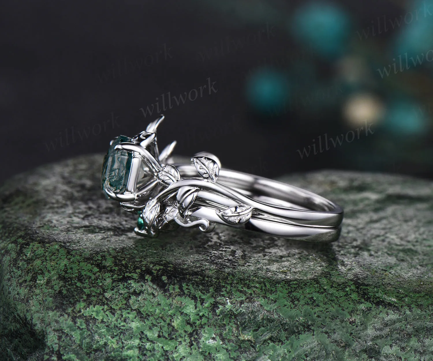 Hexagon cut green moss agate engagement ring set white gold vintage emerald leaf branch bridal set women sold by Willwork Jewelry product image thumbnail 4